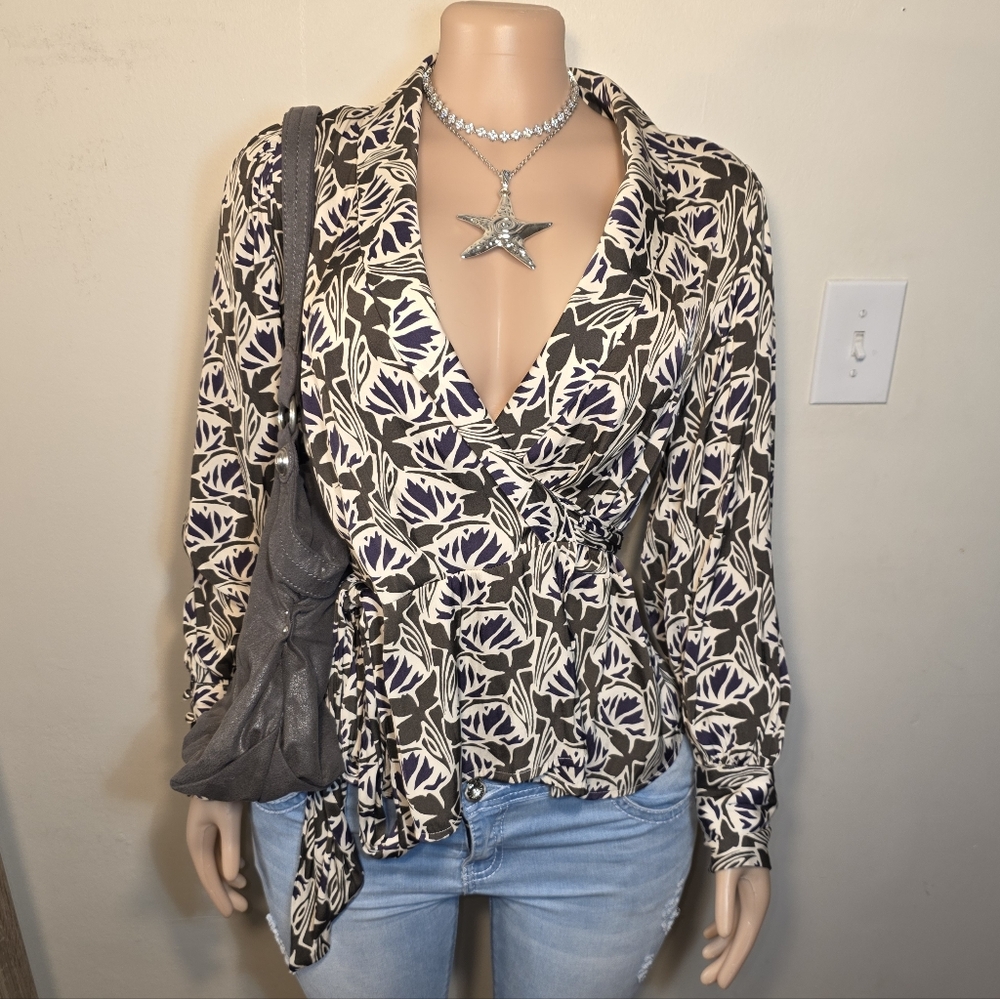 Banana Republic Satin Tie-Wrap Floral Blouse in Brown & Tan With Purple Accent